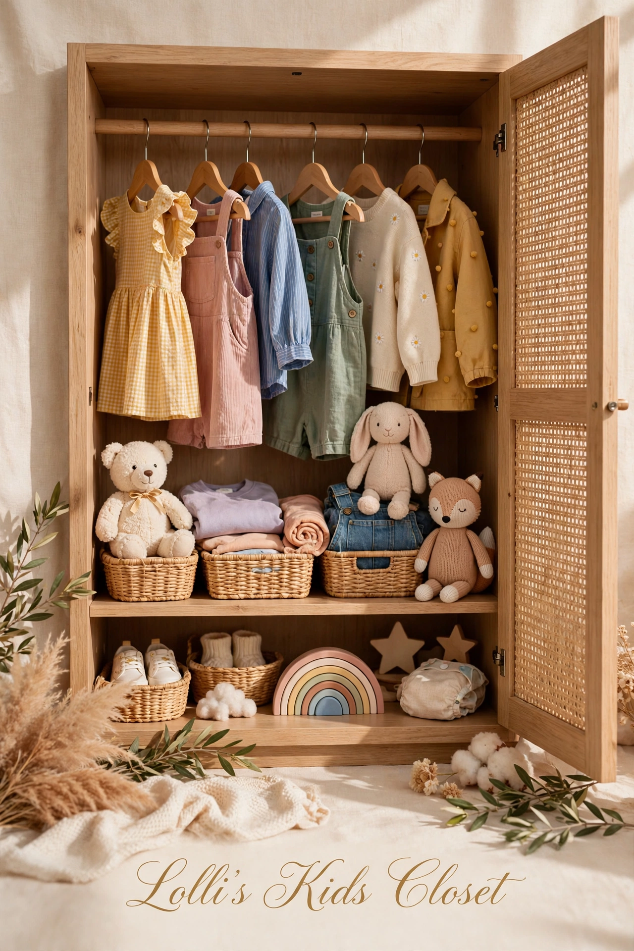 A wooden wardrobe with colorful children's clothes, woven baskets and soft toys, signed Lolli's Kids Closet