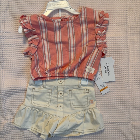 Calvin Klein Terracotta Striped Top and Cream Ruffle Shorts