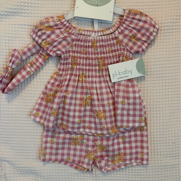 Pink and White Gingham Baby Play Outfit with Floral Accents