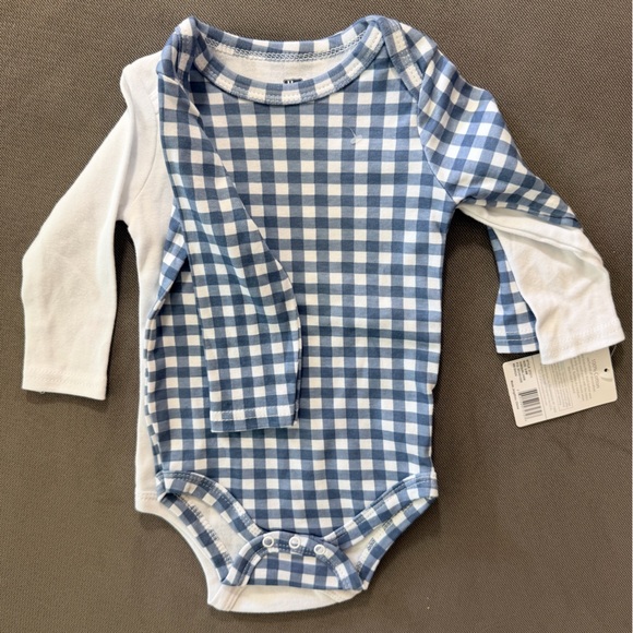 Blue and White Gingham Long-Sleeve Baby Bodysuit - Set of 2