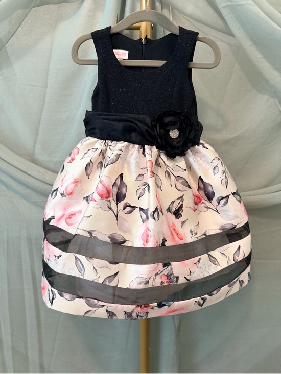 Bonnie Jean Black and Floral Satin Party Dress with Black Flower Sash