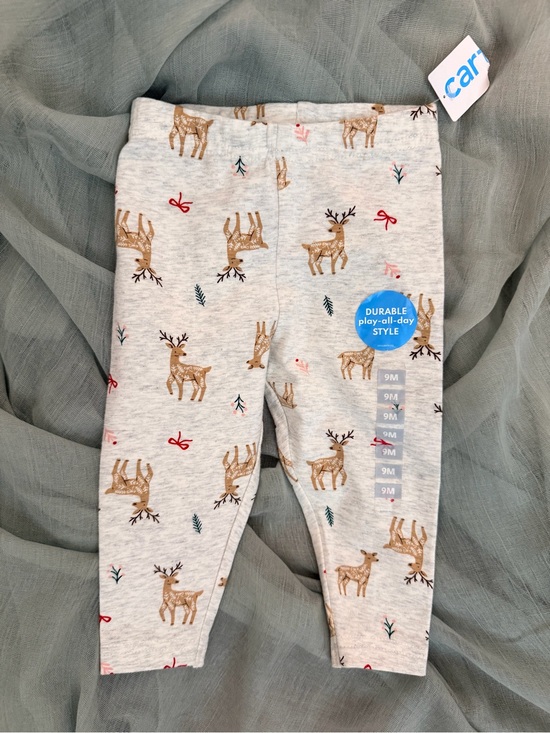 Carter's Light Gray Leggings with Brown Deer and Red Bow Accents