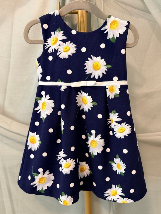 Bonnie Baby Navy Floral Daisy Polka Dot Dress with White Bow