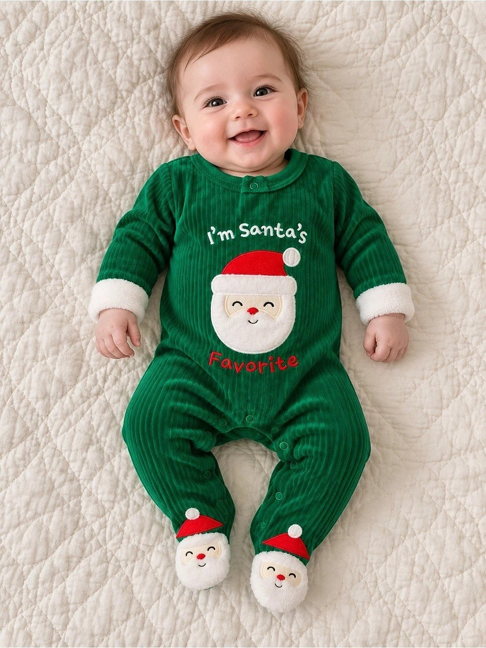 baby starters I'm Santa's Favorite Green Ribbed Footed Sleeper Baby 3M